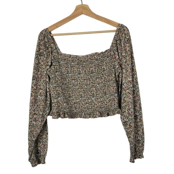 SO Purple Floral Smocked Square Neck Cropped Long Sleeve Top L - Picture 1 of 4